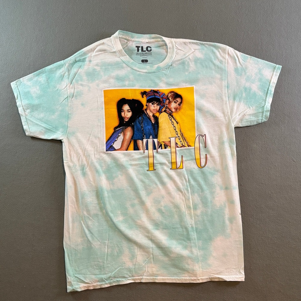 TLC Tie Dye Graphic T-Shirt Mens L Teal White Band Tee Hip Hop 90s Left Eye NWOT